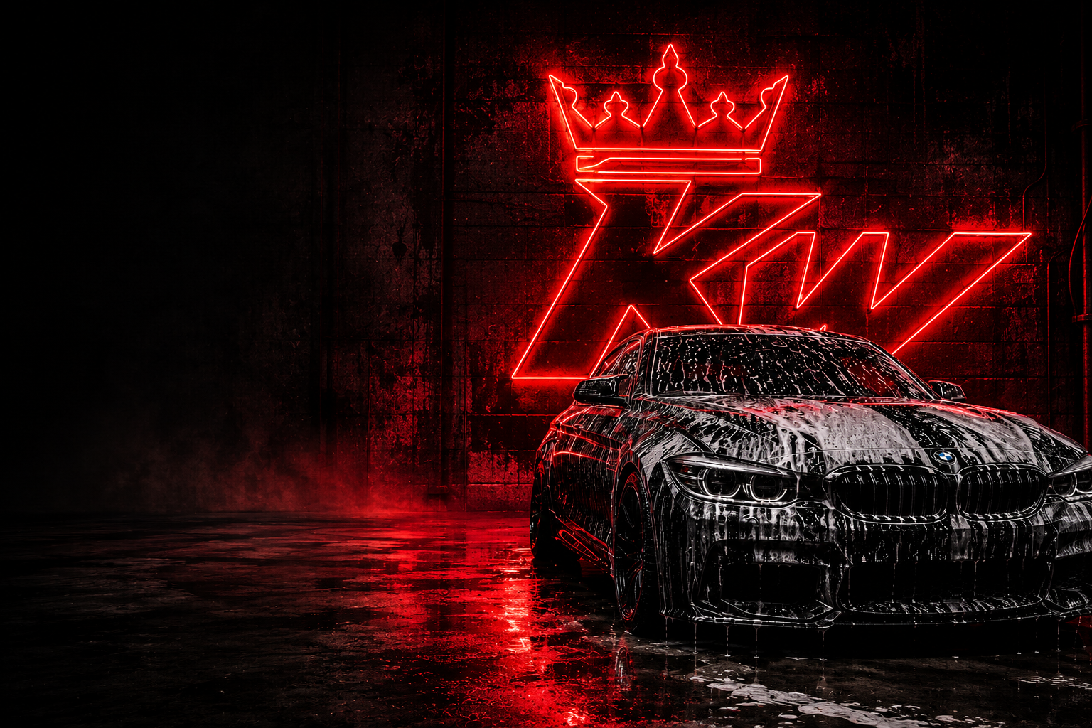 Dark KingWash detailing studio with a soap-covered sedan lit by a giant red neon crown sign and wet-floor reflections